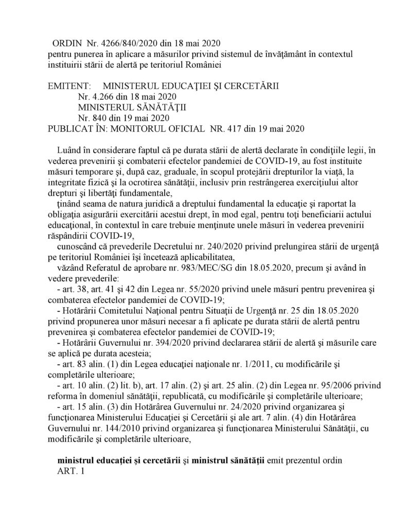 OMEC – OMS 4266/840/2020 – pentru punerea în aplicare a măsurilor privind sistemul de învăţământ în contextul instituirii stării de alertă pe teritoriul României