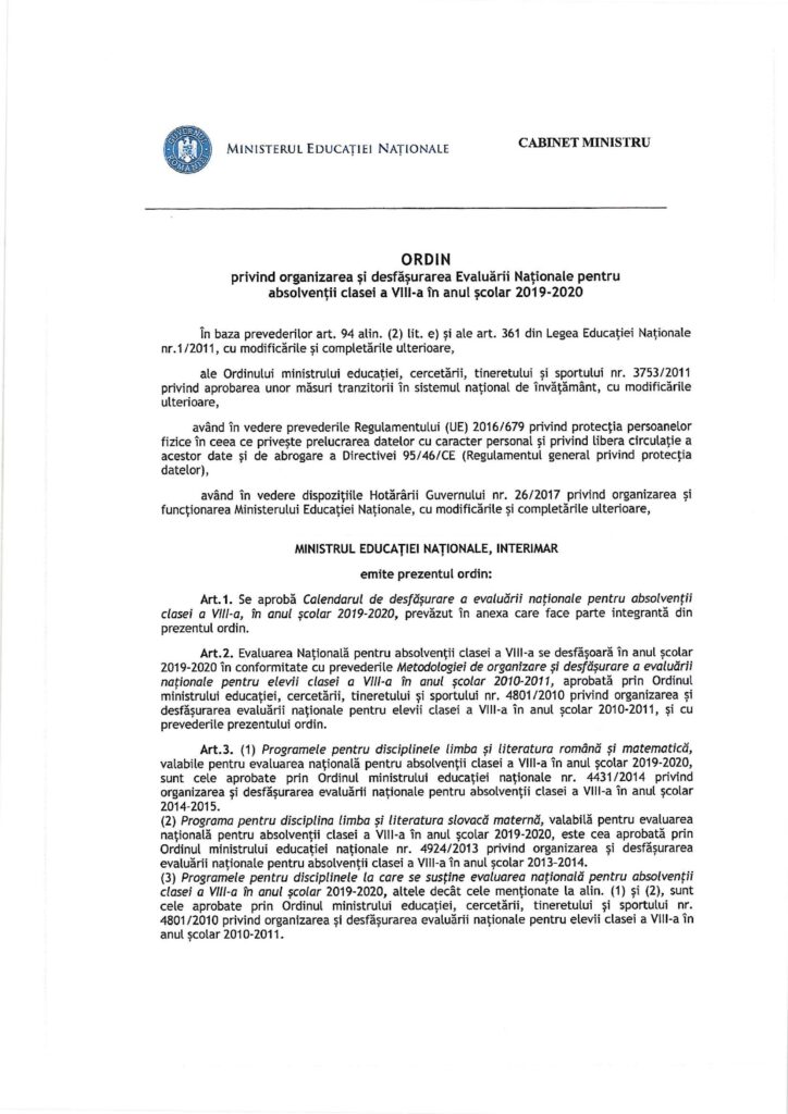 Ordinul nr. 4916/2019 privind organizarea și desfășurarea evaluării naționale pentru absolvenții clasei a VIII-a în anul școlar 2019-2020