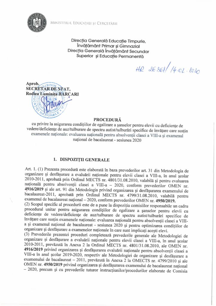 PROCEDURĂ cu privire la asigurarea condițiilor de egalizare a şanselor pentru elevii cu deficiențe – Evaluarea Națională VIII si Bacalaureat – sesiunea 2020